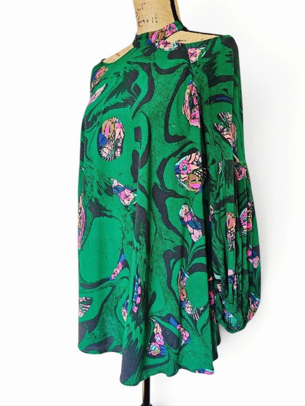 Free People Bohemian Drift Away Cold Shoulder Green  Floral Mini Tunic Dress, XS - Picture 5 of 9